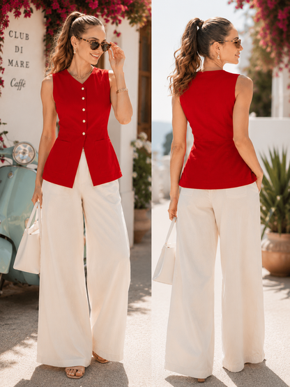 Peplum hem vest women, Tailored sleeveless cotton linen vest, Asymmetrical button vest featuring contrast buttons, princess seam tailoring, a hip length fit, and a softly flared peplum hem, designed as a smart casual vest women for vacation styling and elevated daily wear. business casual vest women for office work, meetings, and everyday elevated dressing.