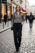 Load image into Gallery viewer, winter layering cardigan, retro argyle sweater, Preppy knit argyle cardigan women’s fall fashion piece with a timeless diamond pattern, gold-tone button-up design, and wrinkle-free comfort for everyday workwear or brunch outfit, gold button cardigan.