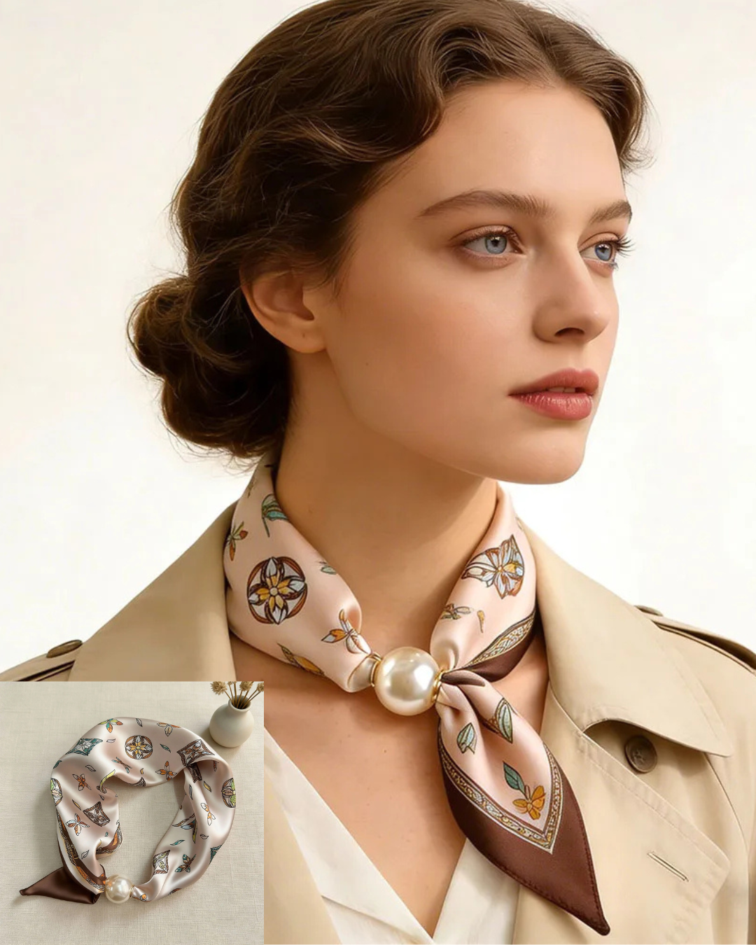 Printed faux silk scarf for women with a magnetic pearl clasp and satin-look finish, designed as a lightweight neck scarf that instantly elevates workwear and smart casual outfits.