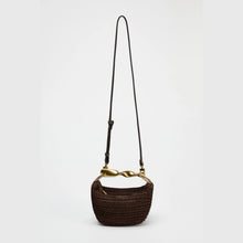 Load image into Gallery viewer, Raffia tote bag with sculptural handle purse, crossbody woven bag for travel, compact bucket bag for essentials, chic summer tote.