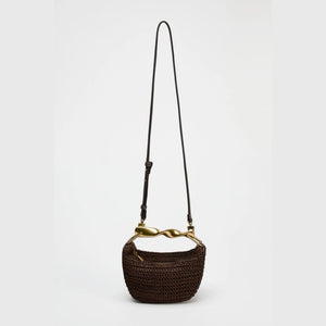 Raffia tote bag with sculptural handle purse, crossbody woven bag for travel, compact bucket bag for essentials, chic summer tote.
