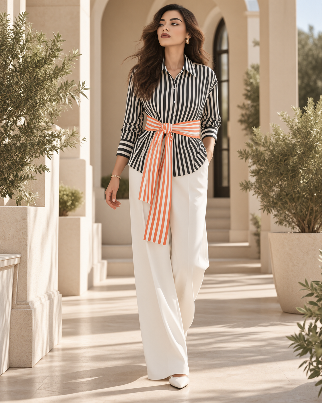 Relaxed fit striped shirt with a defined waist, pointed collar and full-length button placket, styled as a contemporary striped shirt office work look for business casual shirt dressing and polished autumn workdays and office styling.