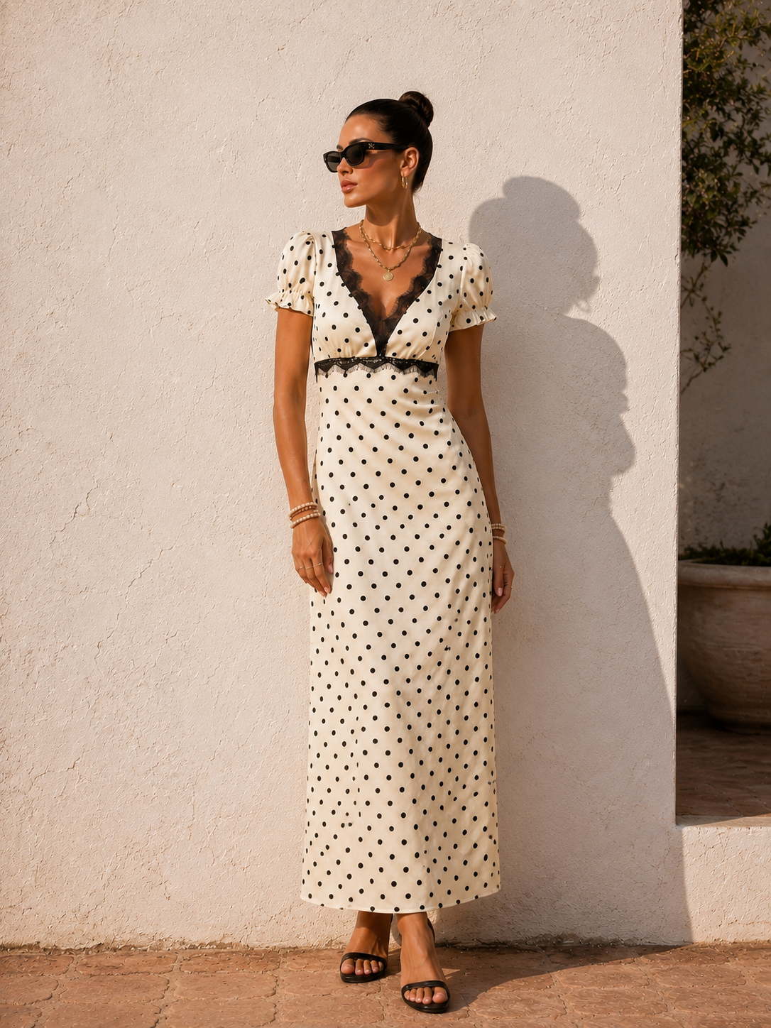 French Riviera Retro Polka Dot Maxi Dress With Lace Trim | Plunging V neck Empire waist Maxi for vacation & parties L / Ivory