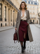 Load image into Gallery viewer, fall plaid coat outfit, Rich beige brown plaid wool coat for women featuring a tailored longline silhouette, double-breasted front, and notched lapel design the perfect quiet luxury fall plaid coat outfit look, long plaid coat, plaid trench coat for women.