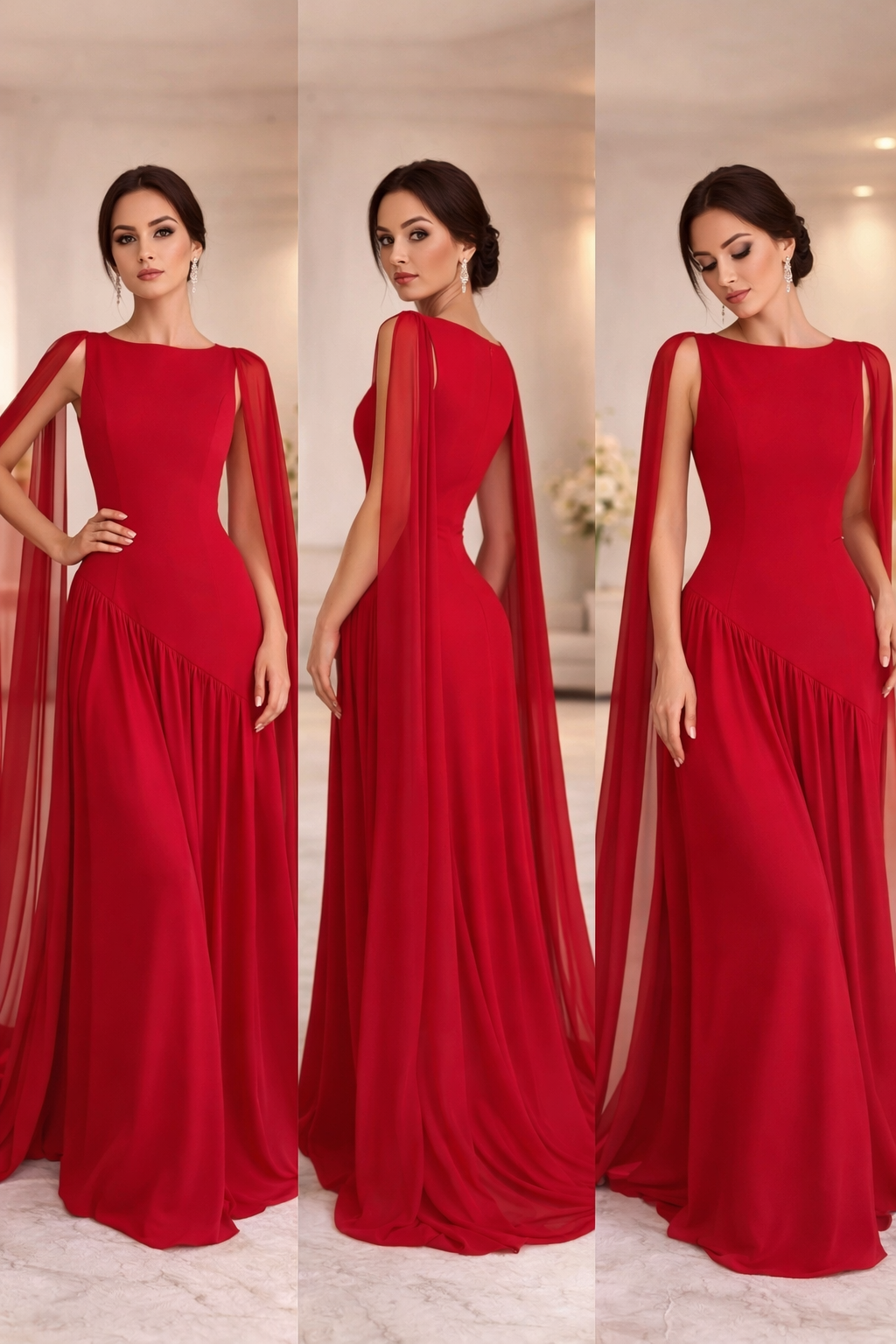 Ruched waist maxi dress, romantic Valentine’s Day dress for dinner dates, weddings, and black tie events, Opaque bodice fluid skirt dress, Women’s red cape sleeve evening gown in lightweight chiffon with floor length silhouette and open back design, Fit and flare evening gown.