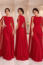 Load image into Gallery viewer, Ruched waist maxi dress, romantic Valentine’s Day dress for dinner dates, weddings, and black tie events, Opaque bodice fluid skirt dress, Women’s red cape sleeve evening gown in lightweight chiffon with floor length silhouette and open back design, Fit and flare evening gown.
