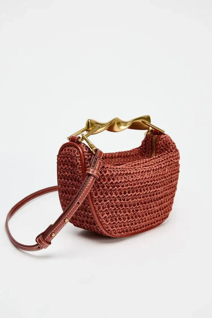 Serena Sculpted Handle Woven Straw Bucket Bag – Terracotta Shoulder Bag, Raffia Tote | Half moon straw sling bag