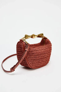 Serena Sculpted Handle Woven Straw Bucket Bag – Terracotta Shoulder Bag, Raffia Tote | Half moon straw sling bag