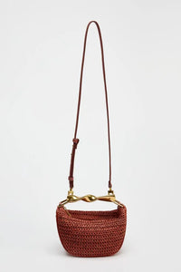Serena Sculpted Handle Woven Straw Bucket Bag – Terracotta Shoulder Bag, Raffia Tote | Half moon straw sling bag