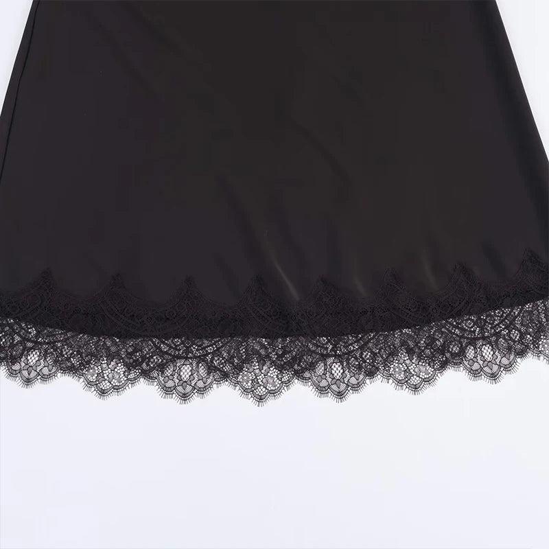 Athea satin midi skirt with lace trim |  Bias cut high waisted satin skirt for date night or chic business casual look