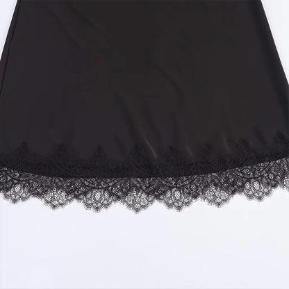 Athea satin midi skirt with lace trim |  Bias cut high waisted satin skirt for date night or chic business casual look
