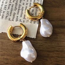 Load image into Gallery viewer, Pearl Drop Earrings, Baroque pearl earrings, Statement earrings, Huggie earrings, Womens pearl earrings,  Retro pearl earrings, Baroque style pearl, Womens fashion accessories, gold pearl drop earrings, Dangle earrings, Pearl Dangle earrings, Elegant earrings, Womens pearl earrings, pearl hoop earrings.