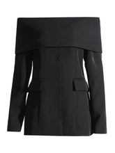 Load image into Gallery viewer, Fancy Pantsuit, women&#39;s blazer, modern blazer, Dressy Pantsuit, Women&#39;s suit Jacket, Off the shoulder blazer, Womens office wear, formal pantsuit party wear, Womens off shoulder jacket, Stylish office wear, Women Formal wear, women outerwear, Womens Winter coats &amp; jackets, womens pantsuit, Blazer Jacket, Black suit jacket womens, weddin guest outfit, graduation outfit.