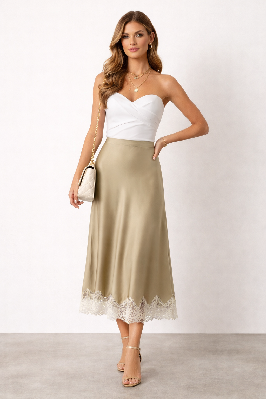 khaki satin midi skirt lace trim, lace hem midi skirt outfit women, elegant midi skirt outfit,  lightweight silky satin texture with flattering bias cut silhouette, high waist clean midi length design, ivory satin skirt outfit women for summer outfits, Satin Midi Skirt with Lace Trim Women Bias Cut High Waisted Elegant Minimal Chic Outfit.
