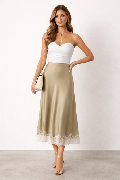 khaki satin midi skirt lace trim, lace hem midi skirt outfit women, elegant midi skirt outfit,  lightweight silky satin texture with flattering bias cut silhouette, high waist clean midi length design, ivory satin skirt outfit women for summer outfits, Satin Midi Skirt with Lace Trim Women Bias Cut High Waisted Elegant Minimal Chic Outfit.