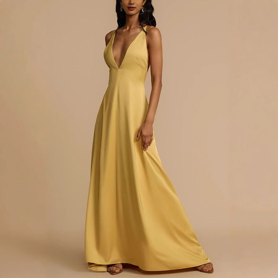 Seraphine Gold Satin Plunging V-Neck Maxi Dress – Flowy, Backless, Fitted Bust for Weddings, Cocktail Parties & Summer Getaways S / Gold