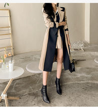 Load image into Gallery viewer, womens two toned trench coat, womens wrap winter coat, womens winter swing coats, long trench coat, belted trench coat, long winter parka womens, stylish coats for women, dressy winter coat, women&#39;s winter coats &amp; jackets, womens belted winter coat, womens trench coat, coats and jackets, long parka coat for women, black trench coat, fall season 2023 womens trench coat.
