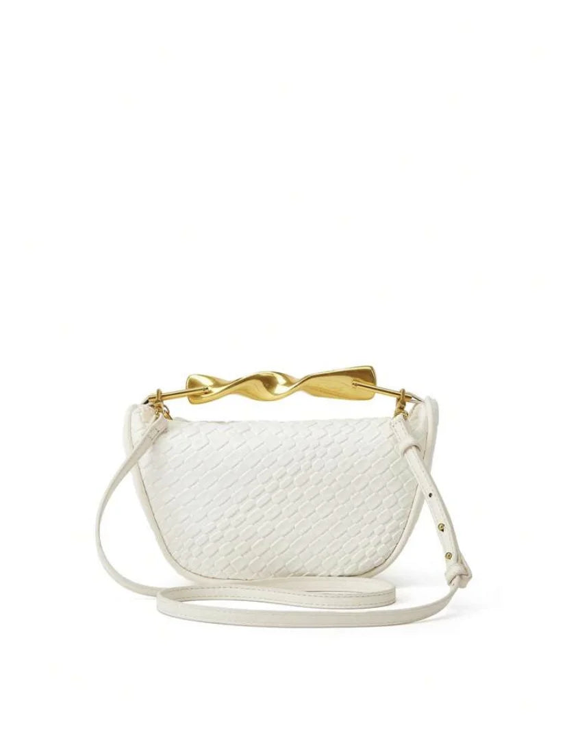 Sculpted handle bag for working moms, terracotta shoulder bag, work-appropriate summer tote bag, compact woven bag for essentials.
