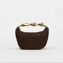 Load image into Gallery viewer, Sculpted handle woven straw bucket bag, summer straw purse for brunch outfit, casual chic raffia tote bag, woven bucket bag.