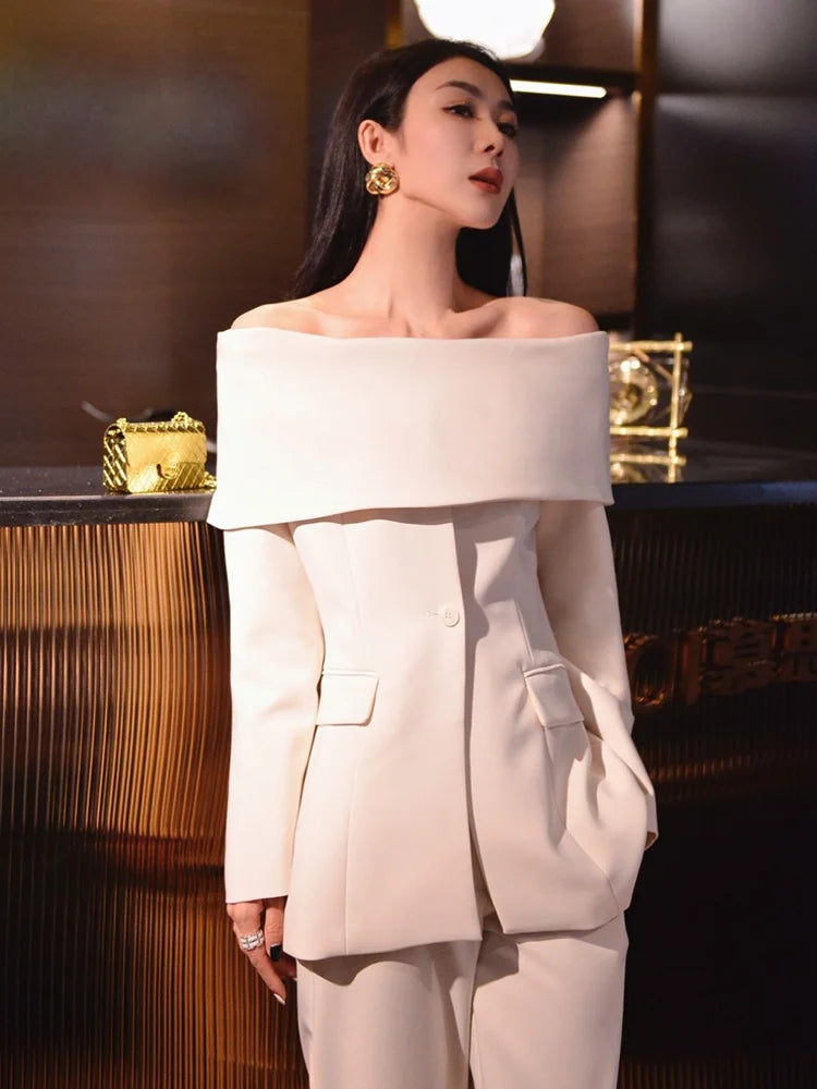 Ultimate Power Piece Fancy Pantsuit Off The Shoulder Blazer Suit Coat Modern Blazer Pantsuit Womens Suit Jacket Apricot Cream L