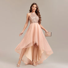 Load image into Gallery viewer, Sequin Party Dress, sequin tulle dress, Sequin tulle halterneck dress for wedding guest, high low hem, sparkling mesh overlay, Sequin tulle dress for wedding guest, tulle high low hem dress for wedding guest, best sequin dress for wedding guest.