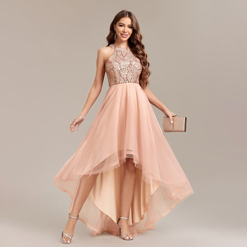 Sequin Party Dress, sequin tulle dress, Sequin tulle halterneck dress for wedding guest, high low hem, sparkling mesh overlay, Sequin tulle dress for wedding guest, tulle high low hem dress for wedding guest, best sequin dress for wedding guest.