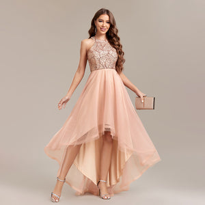 Sequin Party Dress, sequin tulle dress, Sequin tulle halterneck dress for wedding guest, high low hem, sparkling mesh overlay, Sequin tulle dress for wedding guest, tulle high low hem dress for wedding guest, best sequin dress for wedding guest.