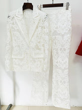 Load image into Gallery viewer, Sequin Pantsuit, Fancy Pantsuit, Dressy Pantsuits for wedding, white sequin pantsuit, womens pantsuit, sequin blazer and pants set, white pantsuit for wedding,  sequin pant set,  pant suits for women,  women suit set, pantsuits for wedding guest, wedding pant suits for bride, mother of the bride pantsuits. 