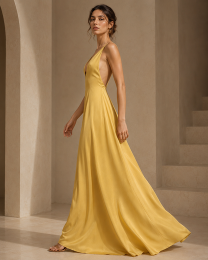 Sexy gold satin metallic maxi dress with plunging V-neck and backless design, great for wedding guest outfits and evening parties, backless summer maxi flowy and gorgeous.