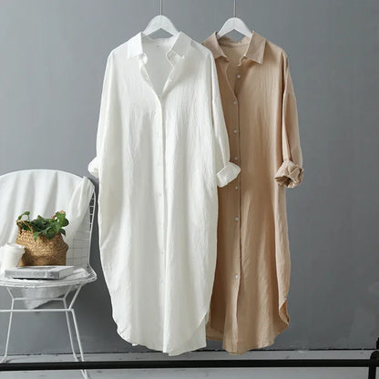 Shirt dress midi in cotton linen shirt dress midi length design, oversized shirt dress fit with button down shirt dress detail for casual office shirt dress women styling.