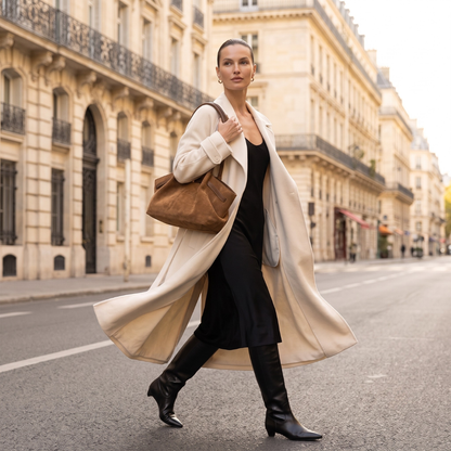 Shoulder tote bag women with an elegant minimalist tote bag women silhouette, faux suede body, spacious interior, and decorative side belts, ideal for a coffee date tote bag or errands.