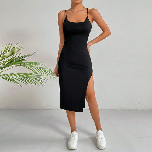 Sleek black bodycon midi dress with slit, spaghetti strap little black dress for women, chic cocktail outfit, affordable LBD under $50, date night black dress, vacation dinner outfit 2025.