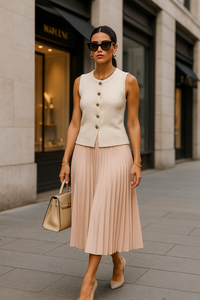 Sleeveless knit vest women outfit with button detail and tailored fit, quiet luxury cream knit vest for professional knitwear outfit, business casual vest top women look, Parisian chic fall layering.