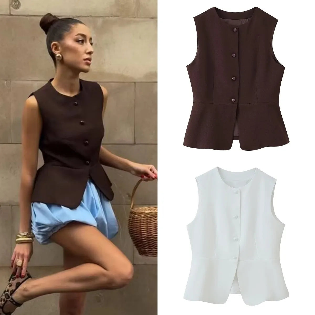 Sleeveless peplum top women, smooth structured fabric with tailored waist and flared hemline, button front minimal design, peplum vest outfit women aesthetic, perfect for date night outfits