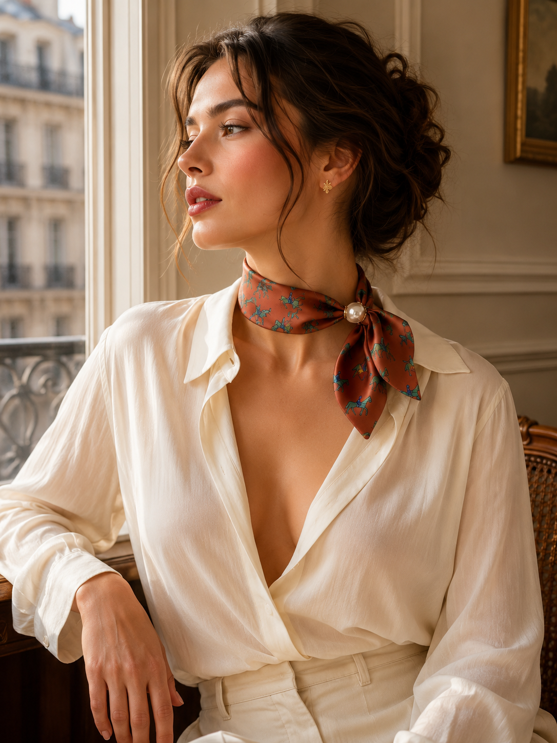 Slim printed faux silk neck scarf featuring a smooth satin finish, botanical-inspired print, and oversized pearl magnetic closure for a refined women's fashion accessory.