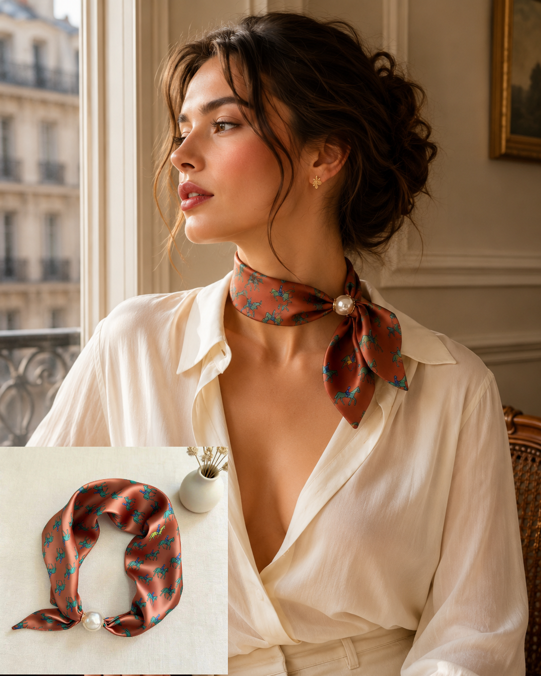 Printed faux silk neck scarf with a magnetic pearl fastening, perfect for women looking for an easy-to-wear scarf necklace to pair with blazers, shirts, and knitwear.