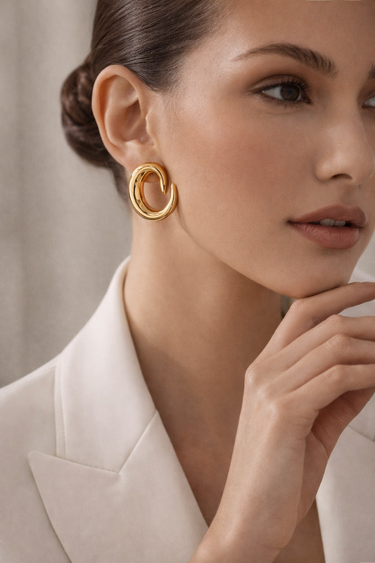 chunky gold hoop earrings, chunky gold hoop earrings, open hoop earrings, earrings for work outfit, everyday gold earrings, Statement gold hoop earrings, glossy mirror-like texture with thick open hoop styling, oversized rounded silhouette, bold gold hoop earrings for date night look, ideal for evening outfit styling.