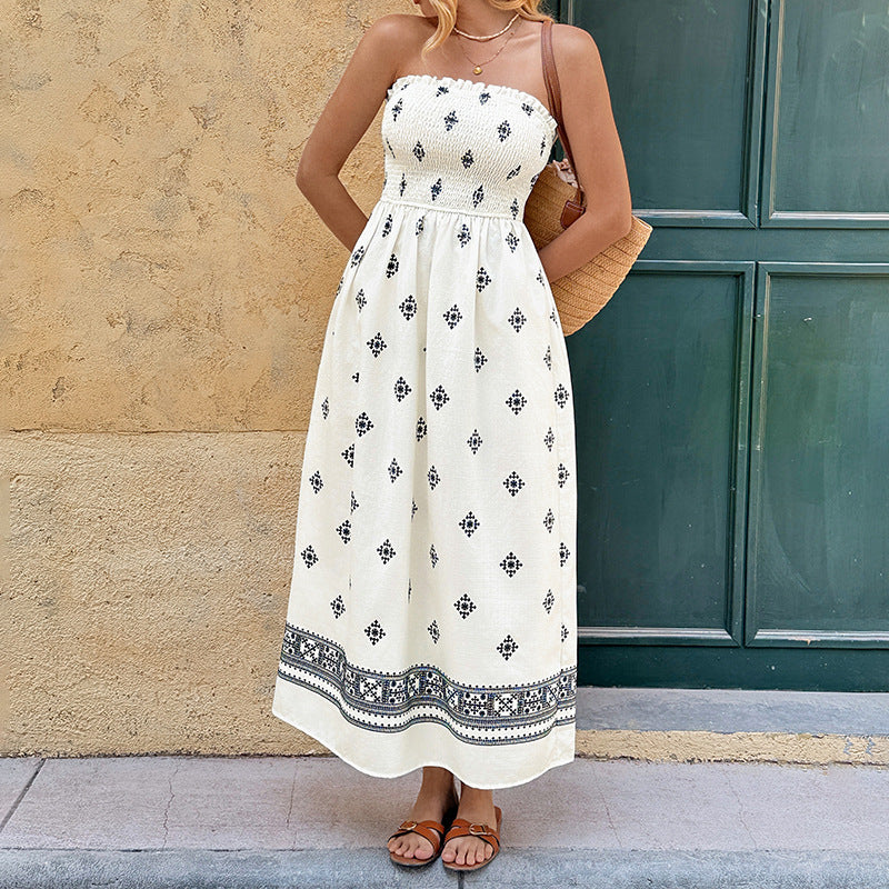 Strapless Smocked midi dress, mocked tube midi dress, summer vacation midi dress, spring summer cute midi dress, strapless resort dress, geometric print midi, boho midi dress, strapless smocked bodice midi, printed A-line strapless midi, ruffled strapless midi dress.