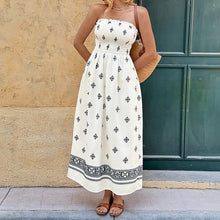 Load image into Gallery viewer, Strapless Smocked midi dress, mocked tube midi dress, summer vacation midi dress, spring summer cute midi dress, strapless resort dress, geometric print midi, boho midi dress, strapless smocked bodice midi, printed A-line strapless midi, ruffled strapless midi dress.