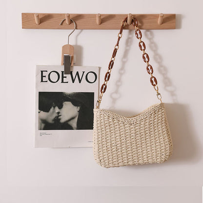 vacation beach bag, woven straw beach bag women, Structured straw shoulder bag with braided raffia texture and resin chain handle, elegant straw weave handbag ideal as a vacation straw bag for travel, beach days, and summer outfits, boho casual straw tote, boho straw bag summer, woven beach bag vacation.