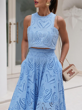 Load image into Gallery viewer, womens two piece set, crop top and skirt set, Two Piece skirt set, eyelet dress, Two piece Maxi Dress, skirt set, two piece sets women, lace dress,  two piece lounge sets, summer co ord outfits, two piece co ord set skirt, beach maxi dress, Stylish summer co-ord set, High neck crop top and flowy skirt outfit for women aged 24–44.