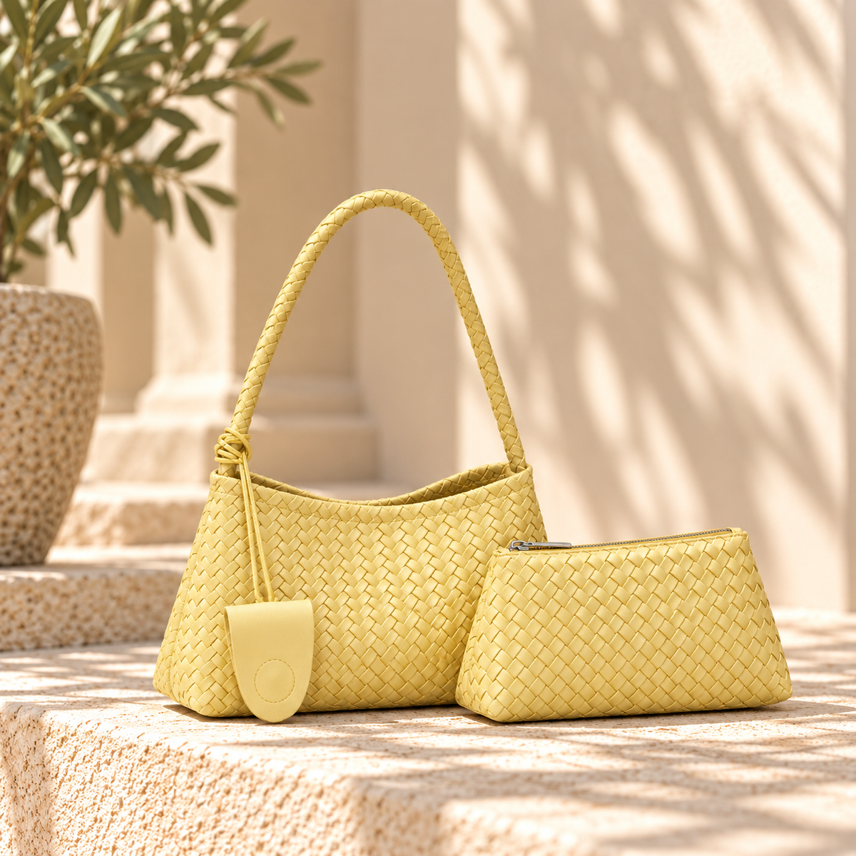 handbag and pouch set, basket weave bag, woven texture handbag, braided strap bag, matching pouch handbag, Women’s woven hobo bag with an easy shoulder silhouette, intricate braided texture, long strap and matching zip pouch, ideal for shoppers seeking a basket weave handbag for office outfits and city dressing.