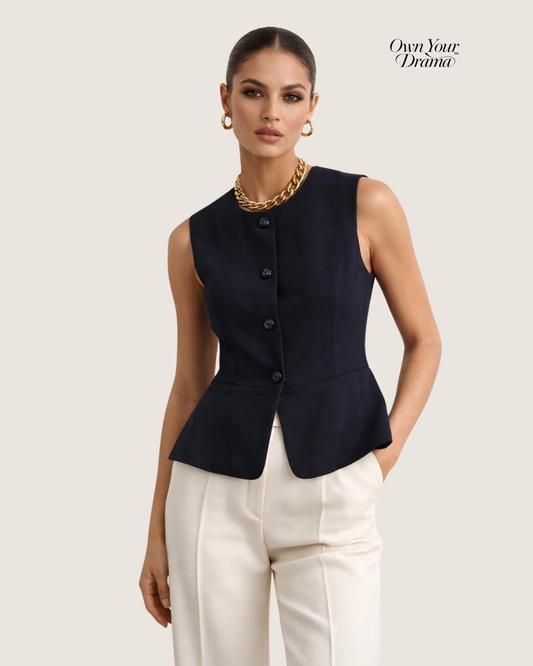 peplum vest top, sleeveless blazer vest women, Tailored peplum vest women, structured smooth fabric with fitted waist silhouette, sleeveless button front design, tailored peplum vest outfit women, perfect for business casual workwear, structured vest women.