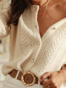 Textured knit cardigan sweater top for women in cream with pearl buttons and long sleeves – your go-to cozy sweater top for fall outfit ideas and capsule wardrobe essentials.