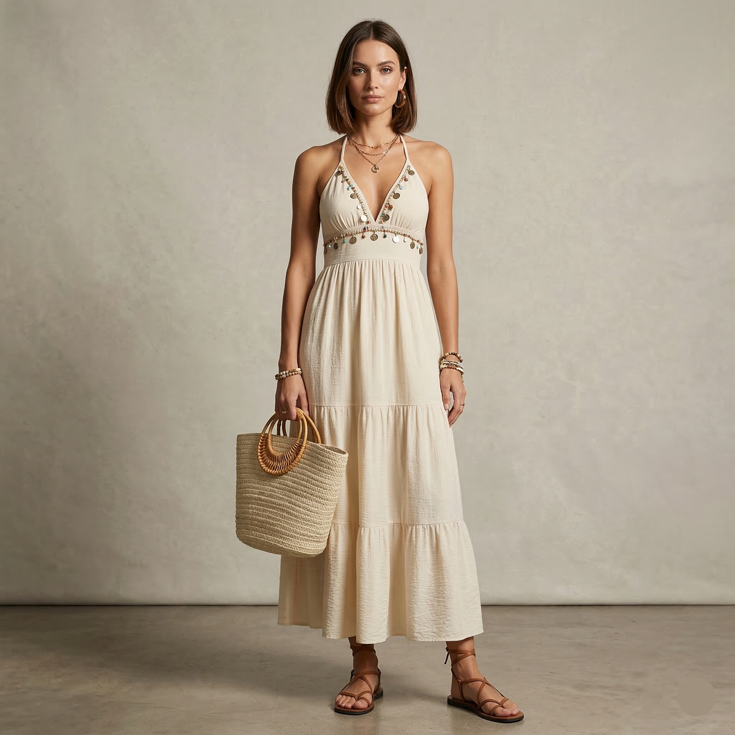 Tiered maxi dress, open back maxi dress, Beige bohemian halter maxi dress with deep V halter neckline, smocked waist maxi and flowing tiered maxi dress silhouette, lightweight tiered boho maxi ideal for beach vacation tiered maxi dress styling, beige maxi dress, vacation halter dress.
