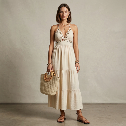 Tiered maxi dress, open back maxi dress, Beige bohemian halter maxi dress with deep V halter neckline, smocked waist maxi and flowing tiered maxi dress silhouette, lightweight tiered boho maxi ideal for beach vacation tiered maxi dress styling, beige maxi dress, vacation halter dress.