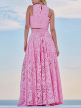 Load image into Gallery viewer, womens two piece set, crop top and skirt set, Two Piece skirt set, eyelet dress, Two piece Maxi Dress, skirt set, two piece sets women, lace dress, eyelet co-ord set, summer co-ord outfit, matching set for women, summer co-ord outfit, pink co-ord set, best co-ord sets for weddings, parties, and events.