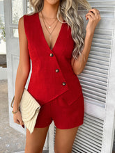 Load image into Gallery viewer, Two piece vest set, Linen co-ord set, Summer co-ord outfit,Tailored women’s vest set, Matching summer set, Women’s vest and shorts outfit, Summer co-ord for women, Sleeveless linen blend vest, Neutral outfit for brunch, Sleeveless vest and shorts co-ord for summer styling, Elegant two-piece neutral outfit with structured fit, High rise shorts for women.