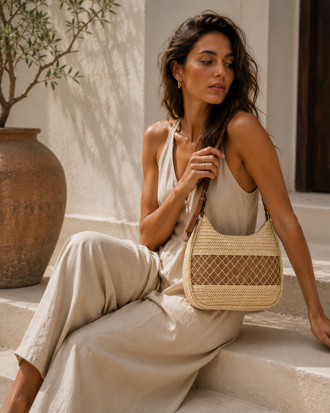 boho straw bag, Resort bag women, Vacation straw bag, beach bag for women, Raffia handbag with basket weave, Woven straw bag with natural woven bag texture and soft crescent curved shape, straw shoulder bag styled as a vacation straw bag for resort bag women summer travel outfits, Cutout weave handbag.