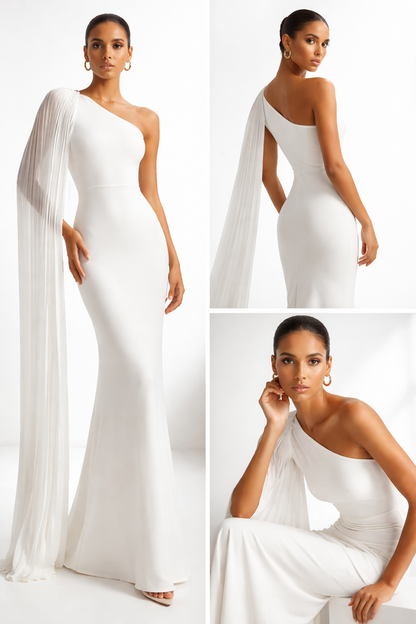 Asymmetrical evening dress, One shoulder evening gown with pleated cape sleeve, bodycon silhouette and maxi length formal design, ideal for evening party dresses and wedding guest dresses with sculpted elegant finish, pleated cape gown, white evening gown.